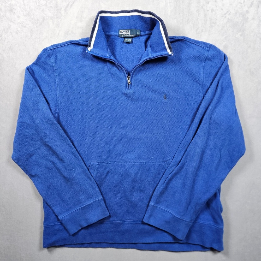 Polo Ralph Lauren Sweatshirt Mens Large Blue 1/4 Zip Pockets Cotton Pullover